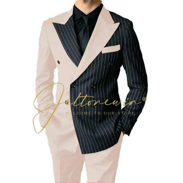 2023 New Design Business Black Striped Men Suits For Wedding Double Breasted Groom Tuxedos 2 Pieces Costume Homme (Jacket+Pants)