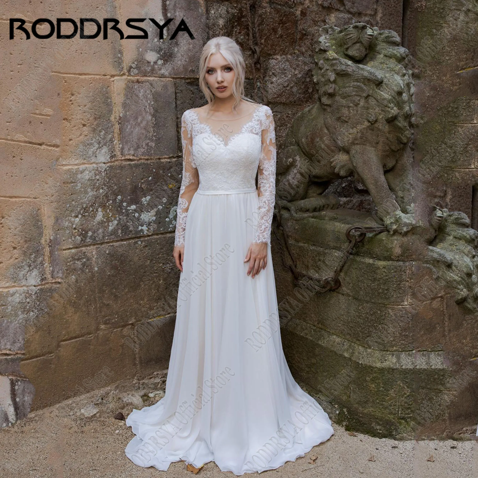 

RODDRSYA Chiffon Classic Wedding Dress Long Sleeves Applique Button Back O-Neck A-Line robe de mariée Lace Bride Gown Customized