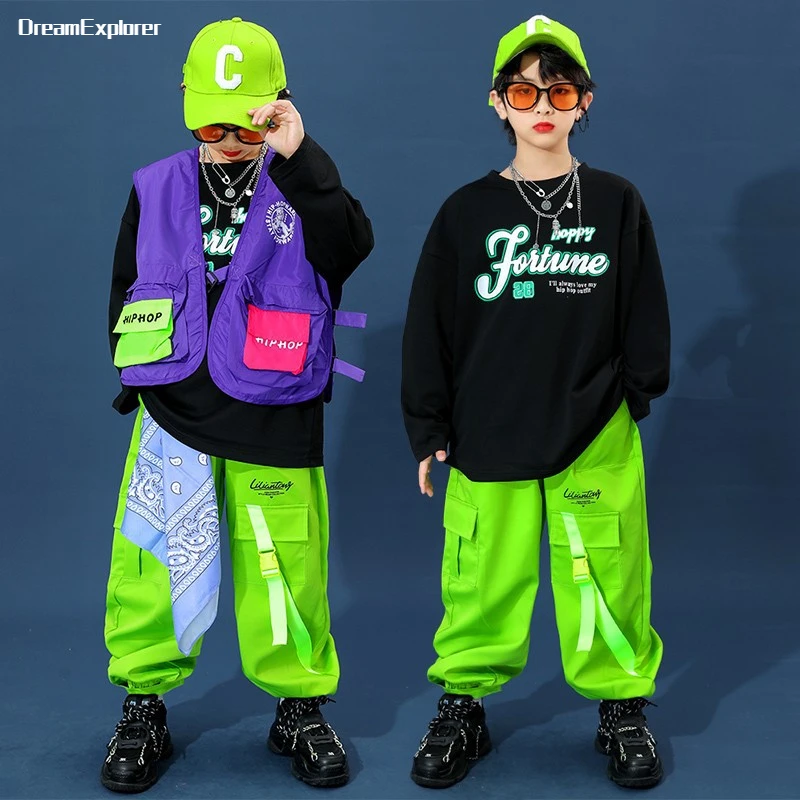 

Girls Hip Hop Vest Sweatshirt Cargo Pants Clothes Sets Boys Street Dance Pullovers Outfits Kids Jazz Costume Children Streetwear