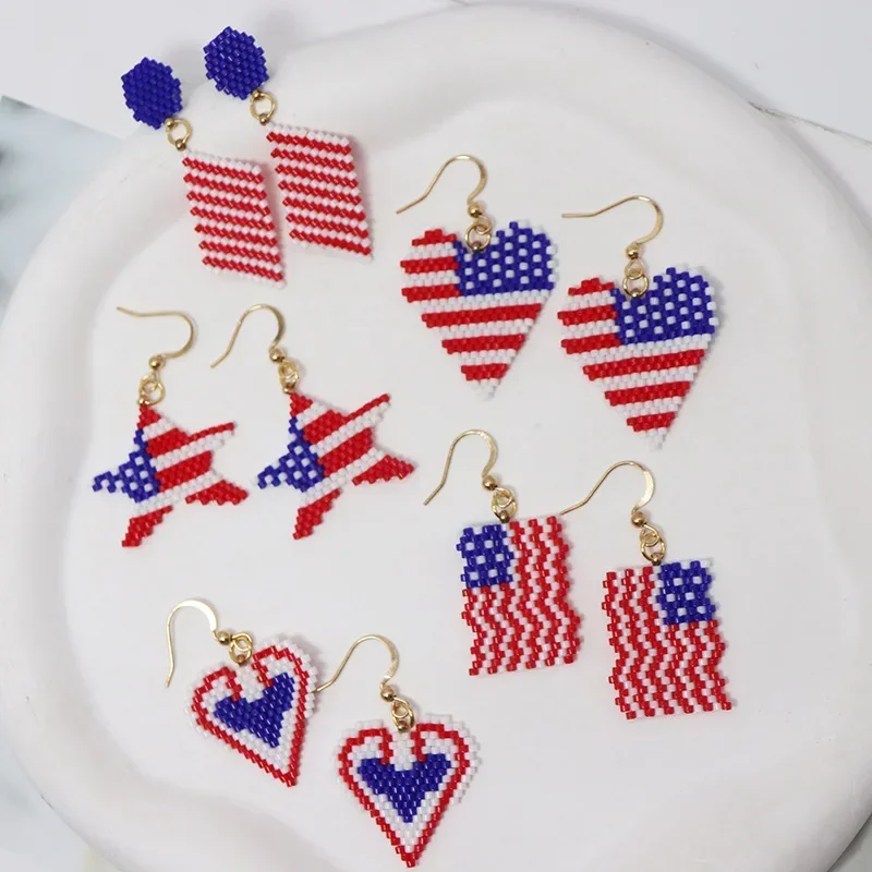 Rice bead earrings Flag Design Heart Hand knitting Bohemia Five-pointed star Originality Alloy Fashion Female Beaded earrings