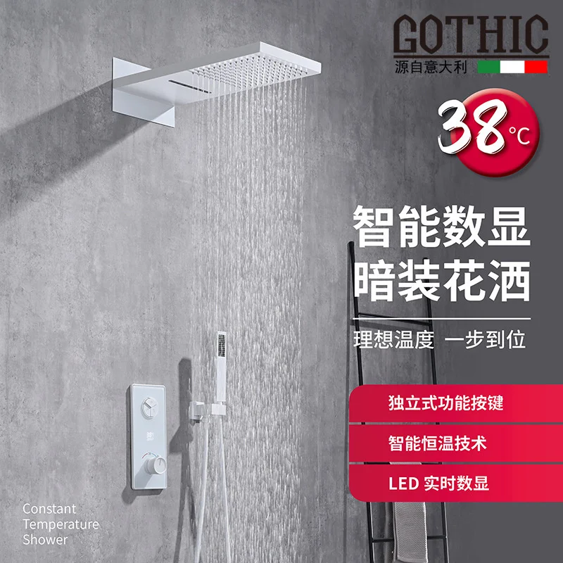 White Digital Display Thermostatic Shower Faucet Set Black Rain Waterfall Wall Mounted Button Bath Shower System Bathtub Mixer