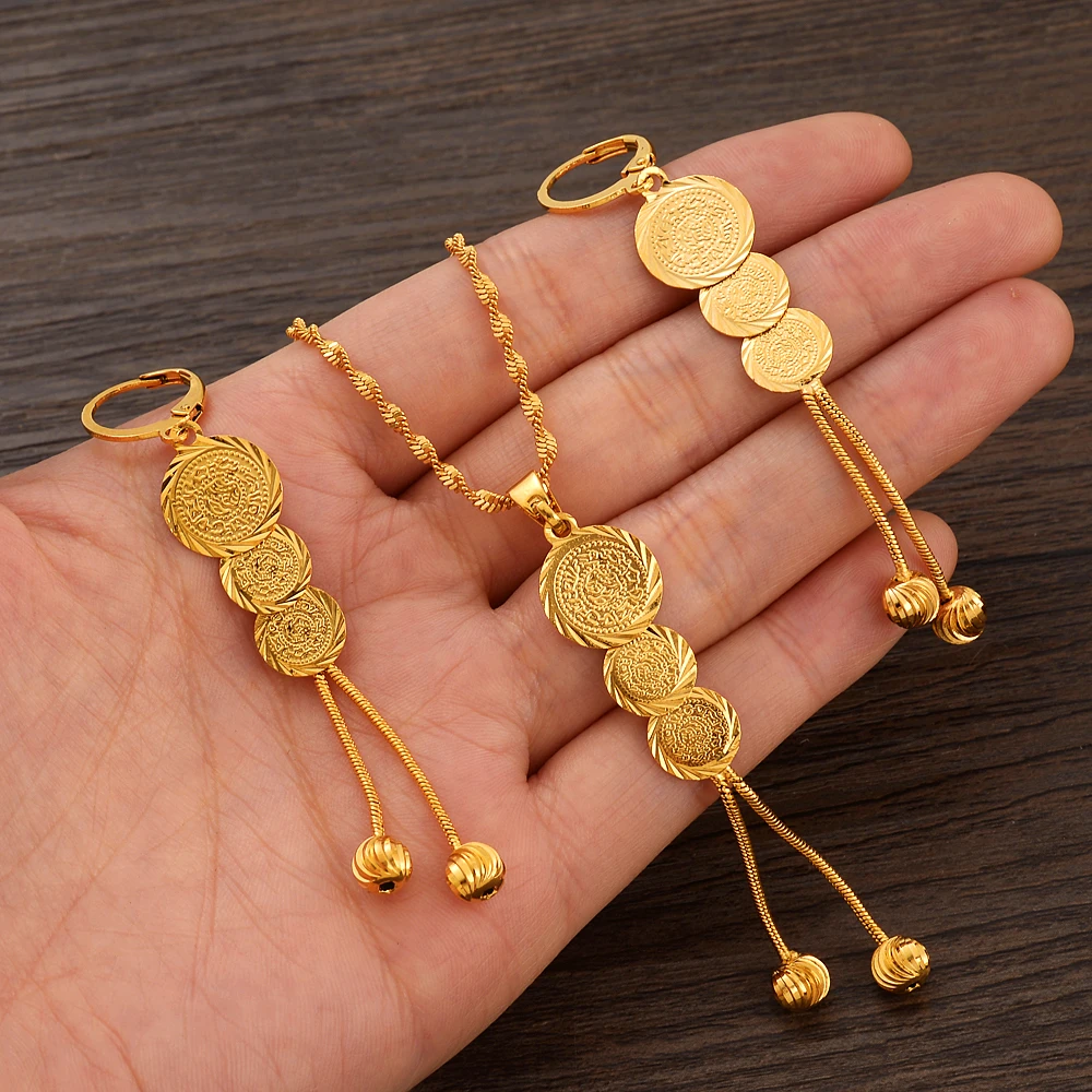 Dubai Gold Color Necklace Earring Women Party Gift Jewelry Sets Charms Girls Kid Jewelry