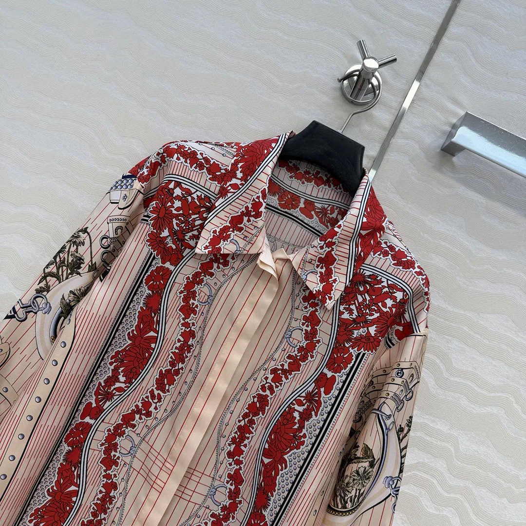 Nouvelle mode printemps 2026, chemise longue ample en soie twill 100%, imprimé floral ethnique vintage, col à revers, manches longues, chemisiers décontractés pour femmes