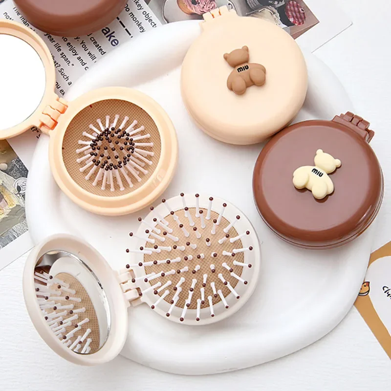 2PCS Cute Cartoon Little Bear Folding Comb for Girls Portable Mini Air Cushion Massage Comb with Mirror Convenient to Use Travel