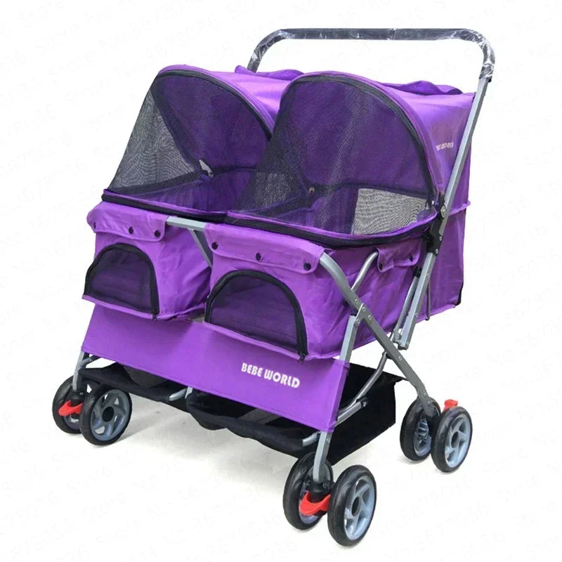 Two-seat Pet Stroller Double Sleeping Bed Car Ultra-light Folding Removable Washable Cat Dog Widening Care Out Pet Stroller