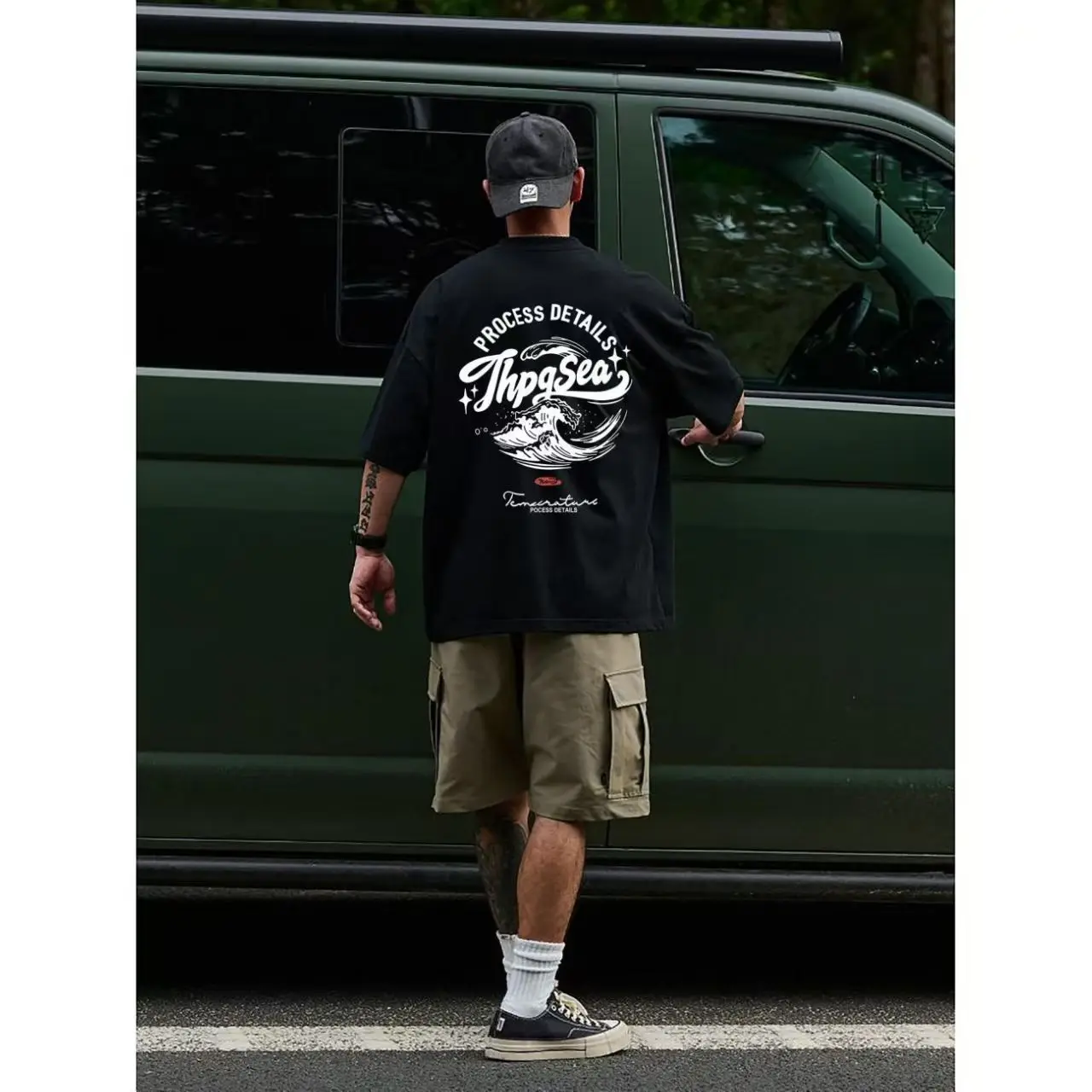Men's Oversized Graphic Tee – “Process Details ThpgSea” Surf Wave Print Cotton T-Shirt for Summer Streetwear