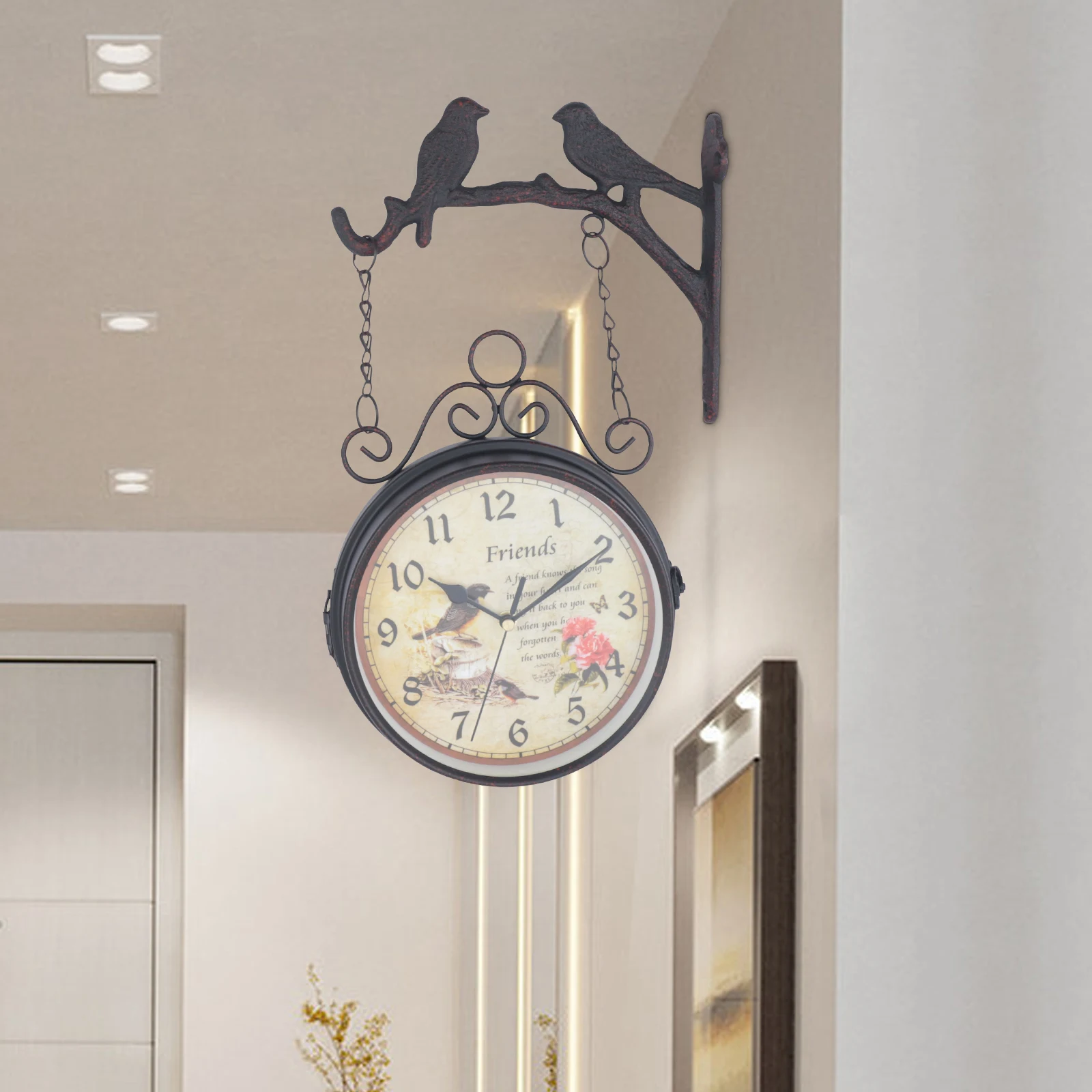 20*9*43cm Black Retro Antique Station Clock Double Sided Hanging Wall Clock Indoor Outdoor Decor Mute Movement