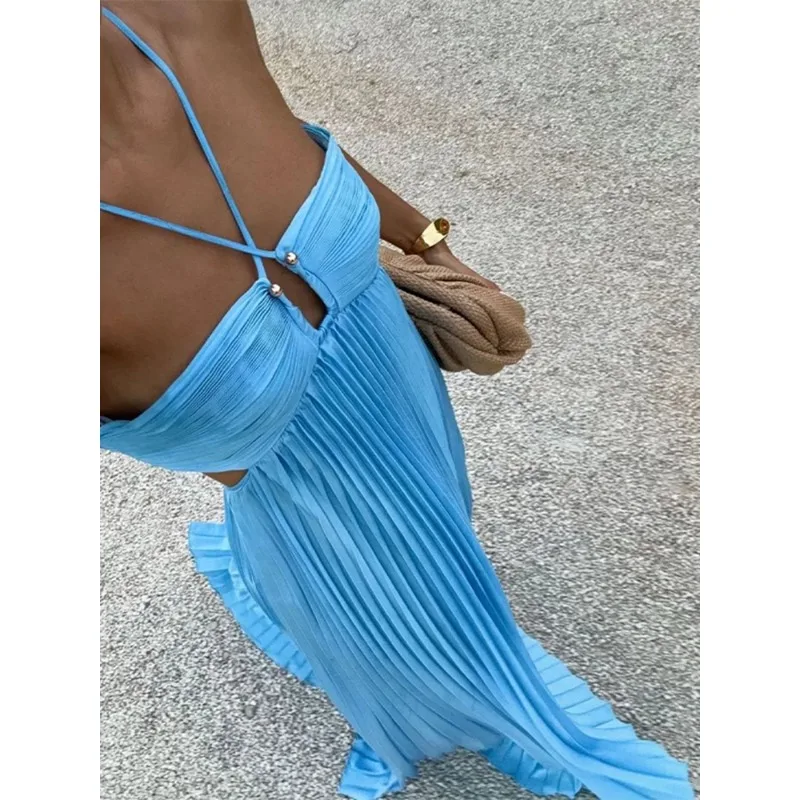 

Summer Halter Pleated Long Dress Women Backless Sleeveless Blue Beach Vacation Dresses Female 2025 Fashion Lady A-line Robes