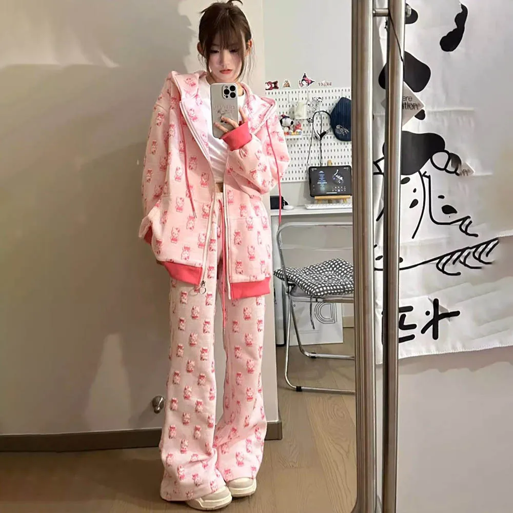 Anime Y2K Hello Kitty Women 2Pcs Sweatshirt Suit Sanrioed Kawaii Spring Cotton Pink Cardigan Wide Leg Pants Student Sweet Trend