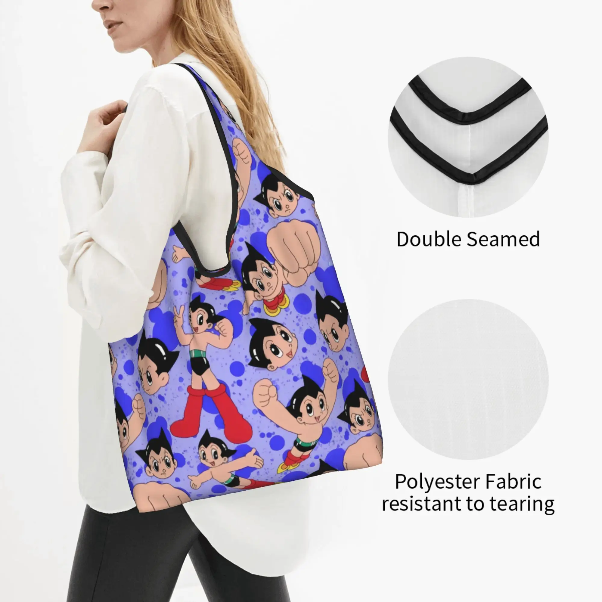 Custom Astro Boy Japan Manga Shopping Bags Women Portable Large Capacity Grocery Anime Cartoon Tote Shopper Bags