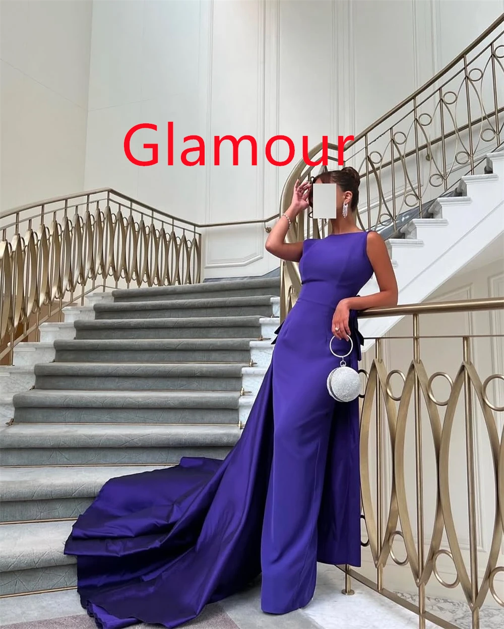 Maßgeschneidertes exquisites lila Jersey-Abendkleid, Temperament, U-Ausschnitt, Flügelärmel, ärmellos, rückenfrei, offener Rücken, Heimkehrkleid