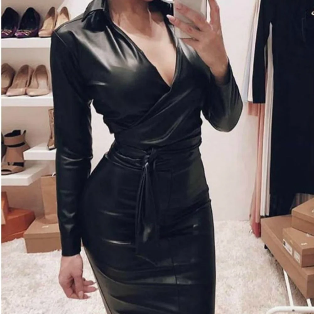 New Women Off Shoulder Long Sleeve PU Leather Casual Black Wet Look Bodycon Bandage Party Belted Pencil Cocktail Club Mini Dress