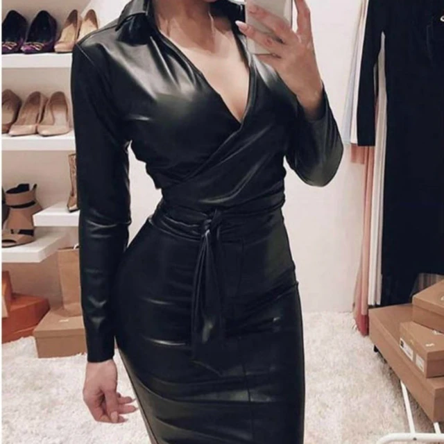 New Women Off Shoulder Long Sleeve PU Leather Casual Black Wet Look Bodycon Bandage Party Belted Pencil Cocktail Club Mini Dress AliExpress 200000345