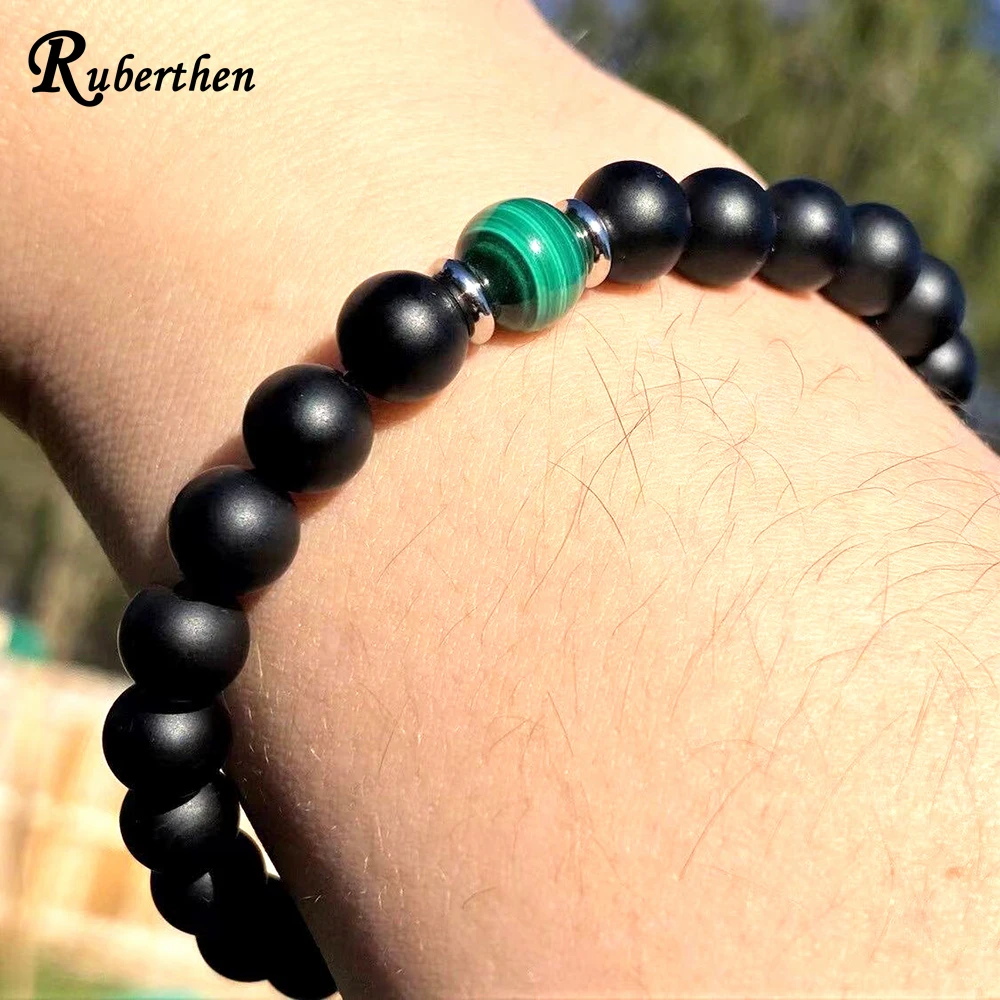 Ruberthen 8 MM Matte Black Onyx AAA Grade Malachite Bracelet Mens Vintage Design Energy Protection Wrist Mala