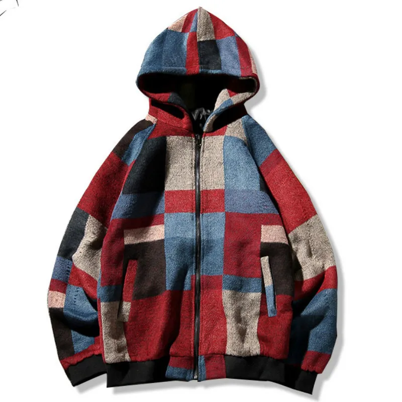 

Men's Plaid Jacket Korean Men's Wool Coat Warm Hooded Jacket Men's Casual Jacket Zip Cardigan Plus Size