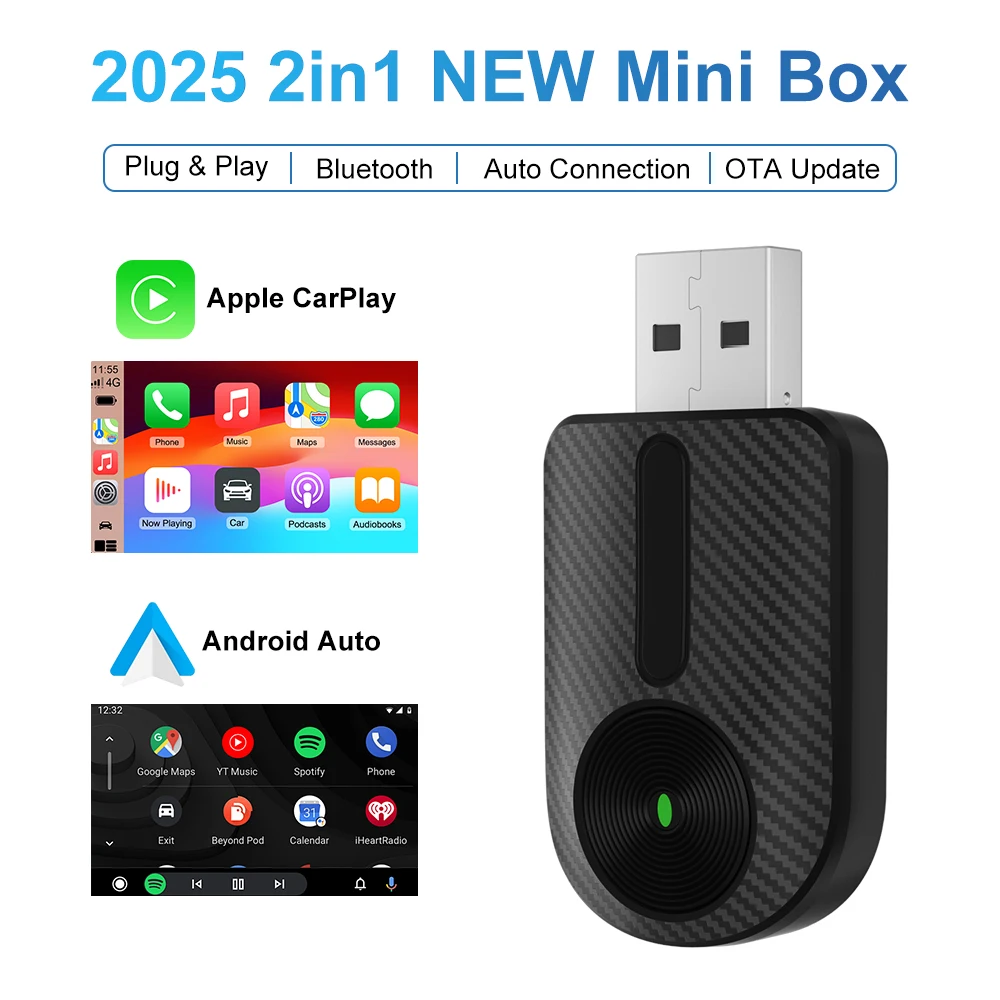 2025 2 in 1 Carplay Android Auto Wireless Adapter Carplay Adapter for OEM Car Stereo with USB Plug and Play Wired To Wireless