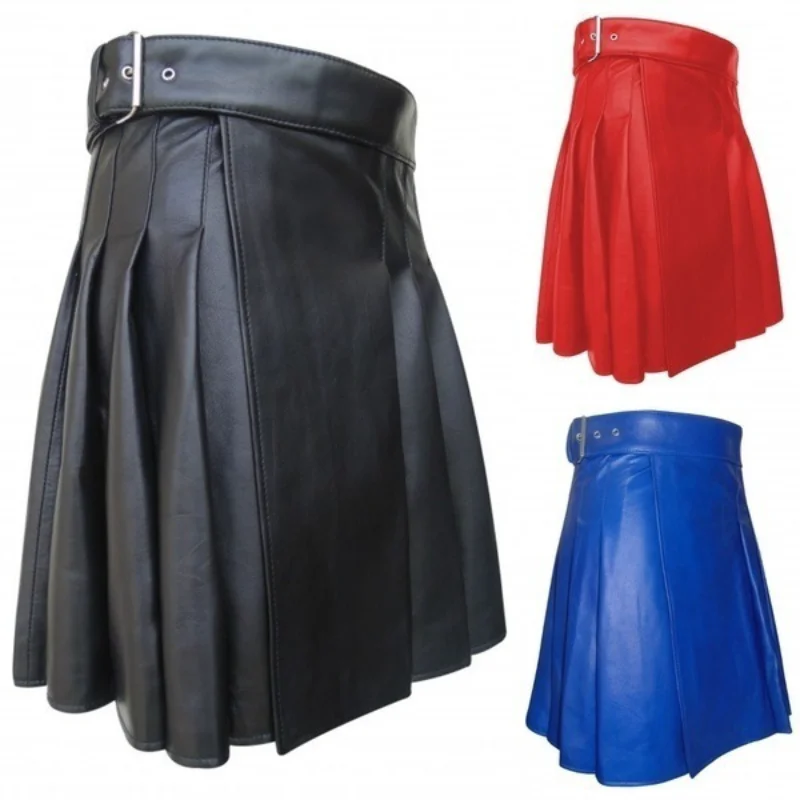 Men's Scottish Festival Skirt Men's Plaid Multi-Color Casual Pu Leather Pleated Skirt Holiday Party Cosplay Skirt