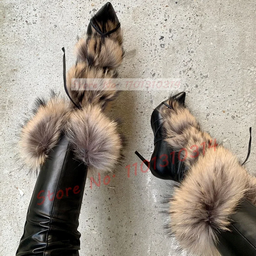 Real Fur Fluffy Mid-calf Boots Ladies Fashion Sexy Cross-tied Pointy Winter High Heel Shoes Women Luxury Big Size Stiletto Boots - Image 4