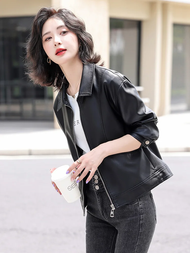 New Women Spring Autumn Biker Leather Jacket Fashion Turn-down Collar Zip-up Loose Black Jacket Casual Short Coat Split Leather