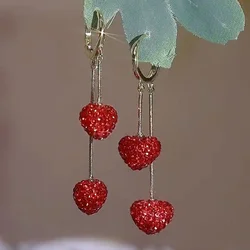Exquisite Full Rhinestone Red Love Heart Drop Earrings For Women Luxury Shiny Zircon Tassel Long Earring Daily Party Jewelry