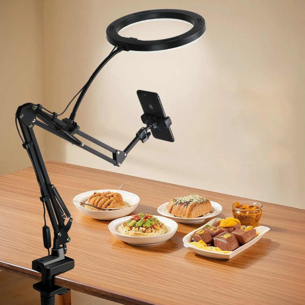 Lumière de remplissage LED avec bras flexible, support de téléphone, support pour vidéo statique, diffusion en direct, cuisine, bras articulé