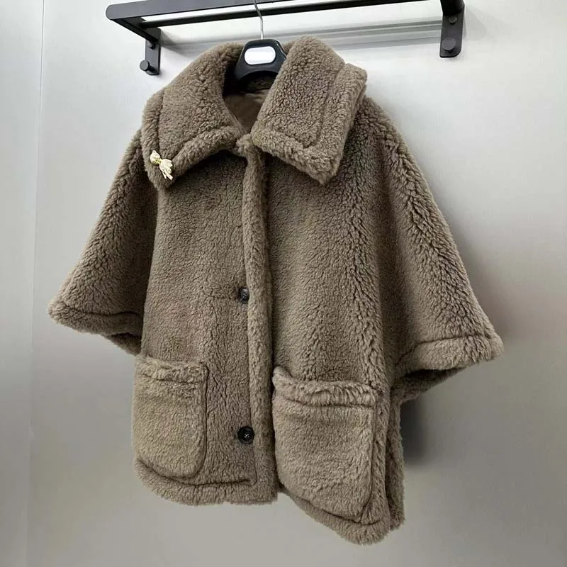 Winter Clothes Women 2024 New Fashion Short Length Teddy Bear Cape Style Sheep Wool Alpaca Silk Single Breasted