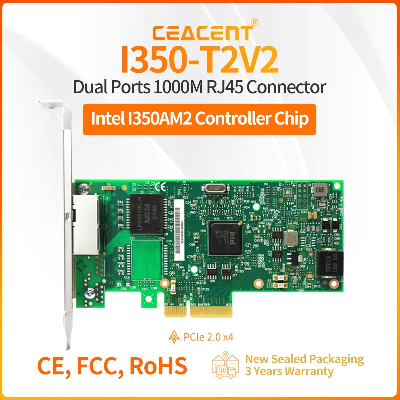 I350-T2V2/CC8350-T2V2 10/100/1000Mbps Netowrk Card 2-Port RJ45 1000base-T PCI Express 2.1 x4 with Intel I350AM2 Chipset