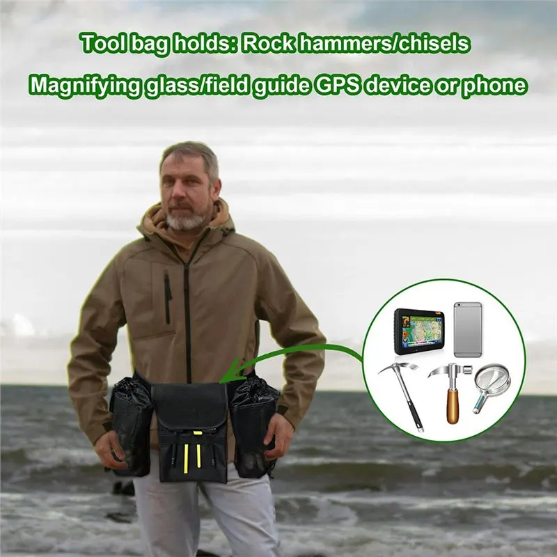 AC23-Adjustable Belt With Rock Collecting Waist Bag& 2 Mesh Storage Bags, Gardening Tool Belt Featuring Tool Pouch For Foraging