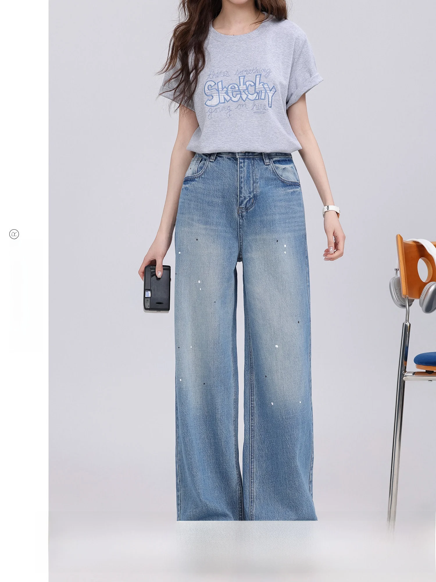 

Vintage Blue Wide Leg Jeans High Waist Denim Pants Summer New Style Slimming Effect Casual High Street Fashion Women's Jeans
