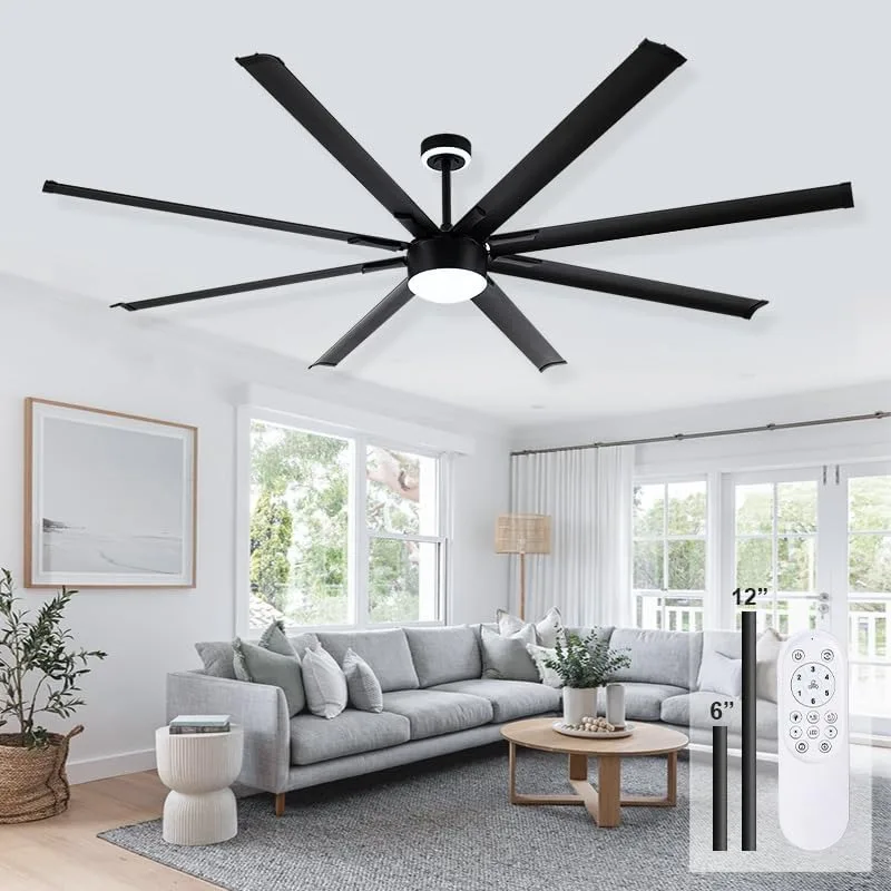 84 Inch Industrial Ceiling Fan - Black Big Ceiling Fans with Lights, Large Ceiling Fan with Night Light, 6-Speed Remote Control