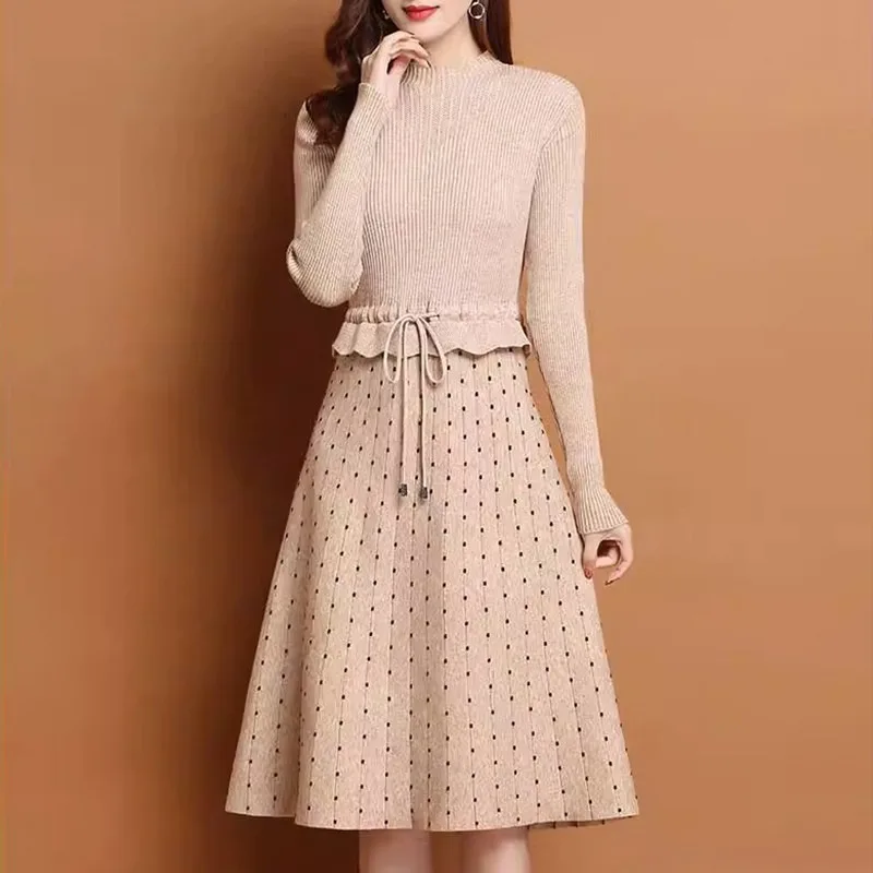 Novo Vestido de Malha Feminino Elegante e Moderno, Modelo A-Line de Comprimento Médio com Camadas, para Outono/Inverno e Uso Diário