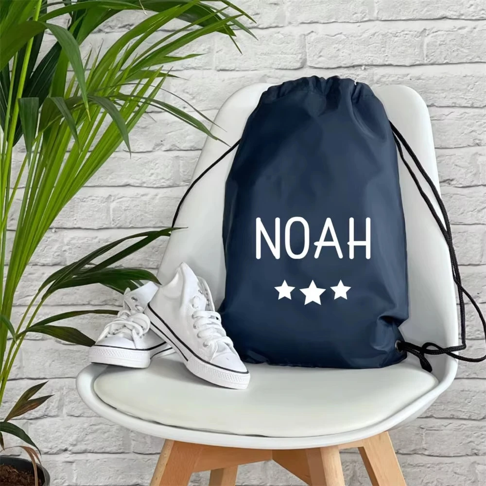 Personalized White Text with Star Swimming Bag Custom Your Name LOGO Kids School Sports Bag Childrens Waterproof Drawstring Bag