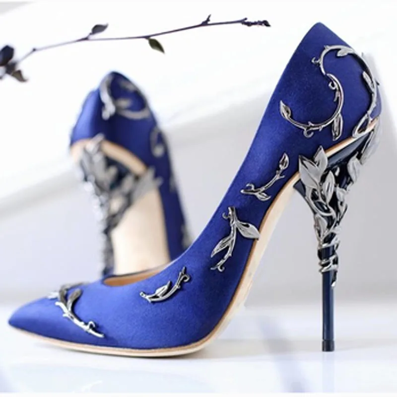 White Royal Blue Carved Metal Floral Branch Wrapped Heels Silk Pumps Glitter Buds Stilettos Pointed toe  Wedding High Heel Shoes