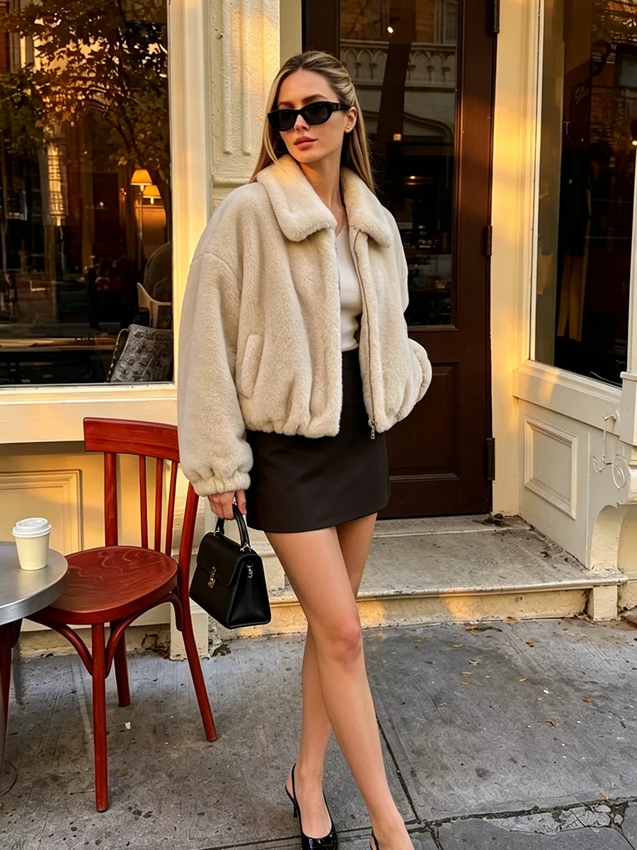 PUAL  Women Fuzzy Faux Fur Cropped Jacket 2026, Turn Collar Zip Up Short Coat, Warm Plush Outerwear Fall Winter Fashion Tops