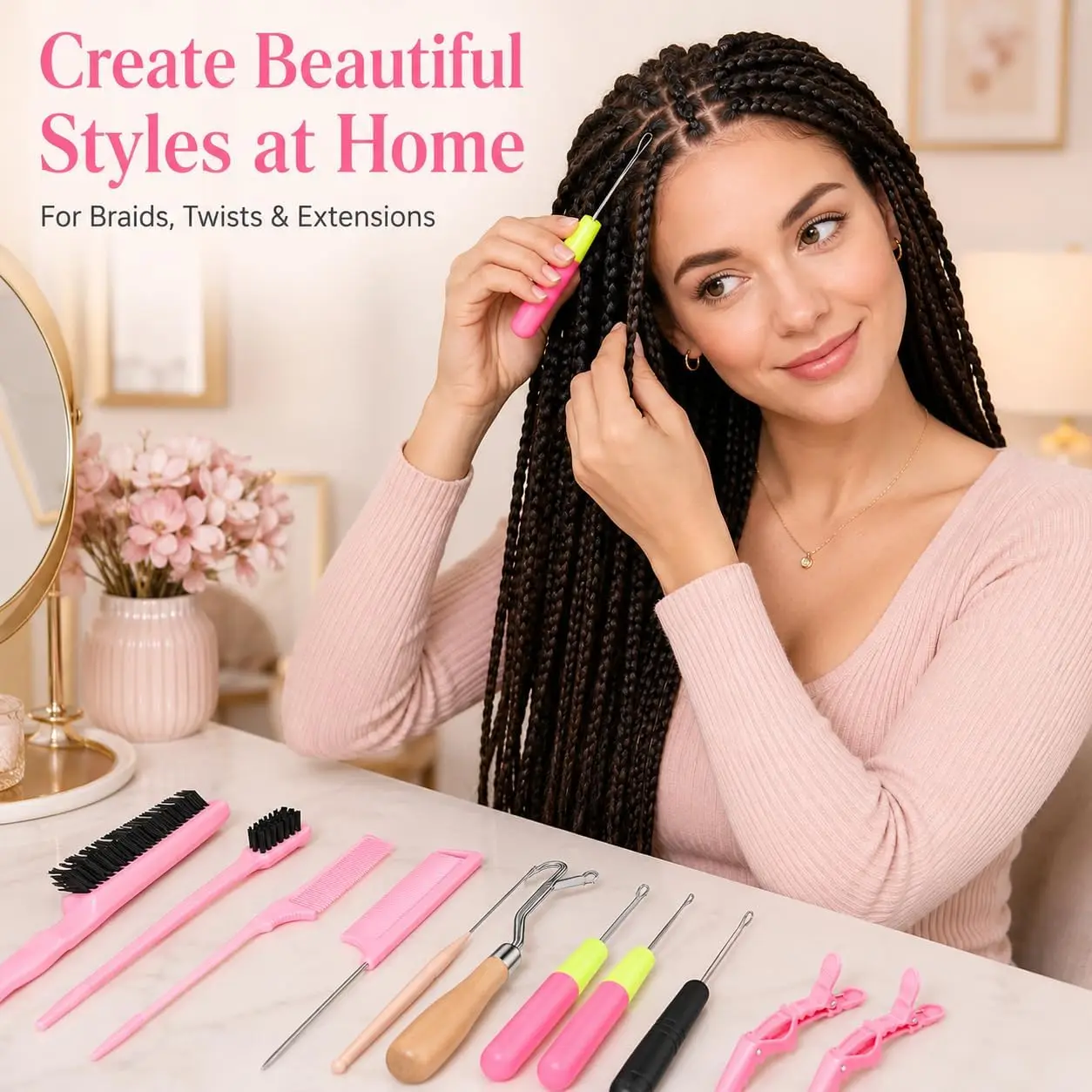 15-Piece Styling Kit for Braiding and Extensions,Crochet Hooks for Hair, Tail Comb, Duckbill Hair Clips,for Braid Hair, Scarf