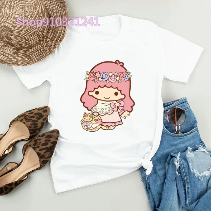 Lovely Kiki Lala T Shirts for Women Tops Summer Loose Little Twin Star Casual T Shirt Vintage Harajuku Tshirt Ladies Streetwear