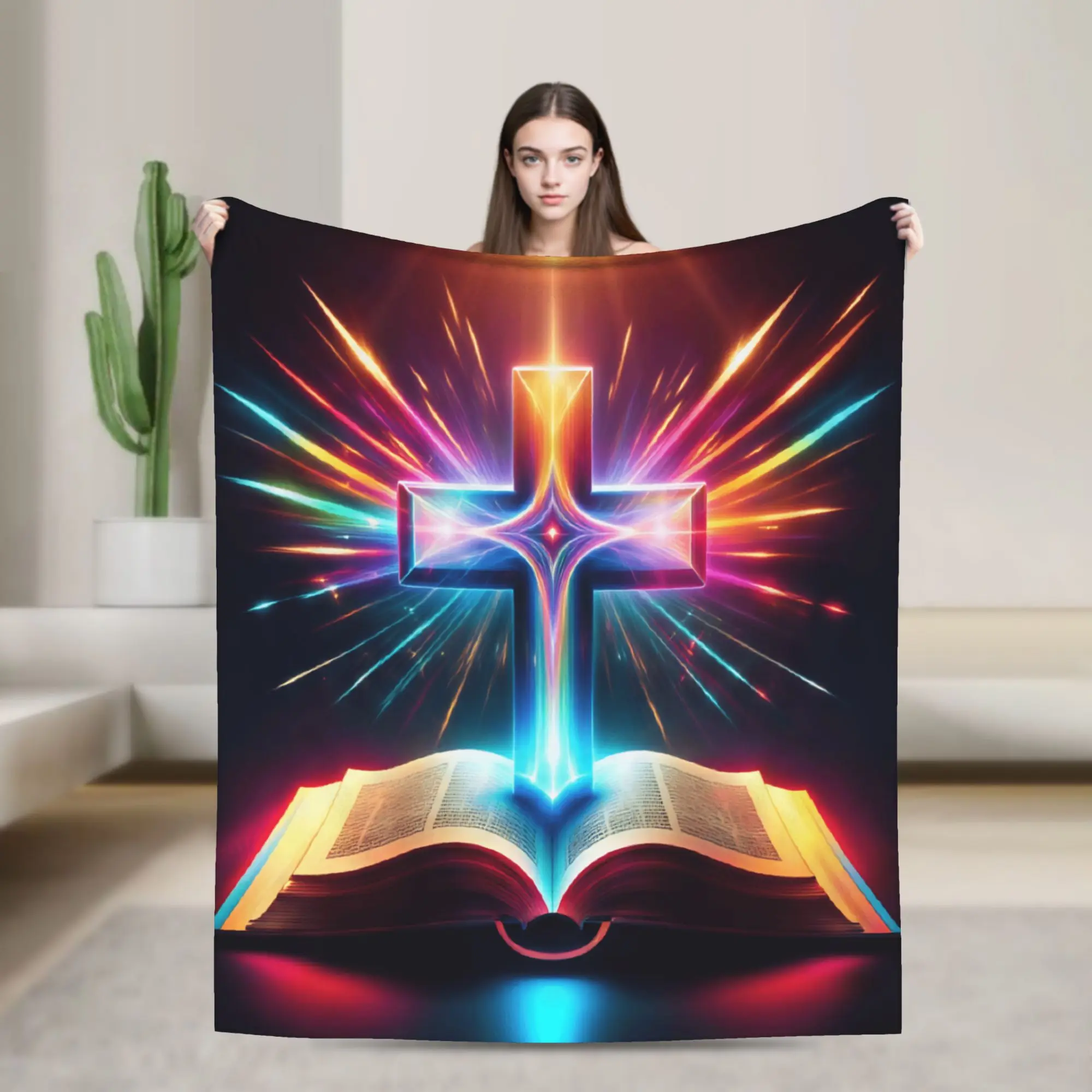 Prismatic Light Cross Open Holy Book Rainbow Rays Christian Faith Graphic Blanket Girl  Flannel Throw Blanket  Quality Bedspread