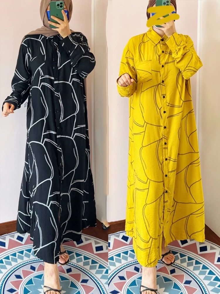 Morocco Muslim Shirt Dress Women Abaya Kaftan Print Casual Split Dresses Women Dubai Turkey Islam Long Dress Robe Femme Vestidos