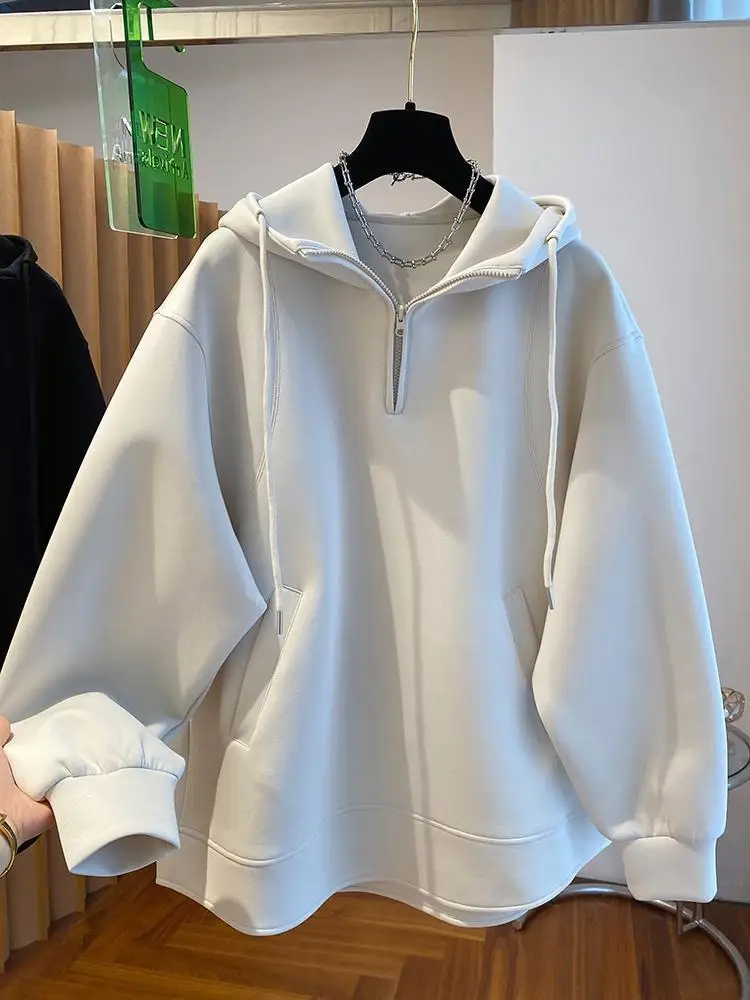 Women Hoodie Harajuku Loose Oversized Solid Color Tops Half Zip Up Sweatshirt Casual Versatile Long Sleeve Hooded Coats