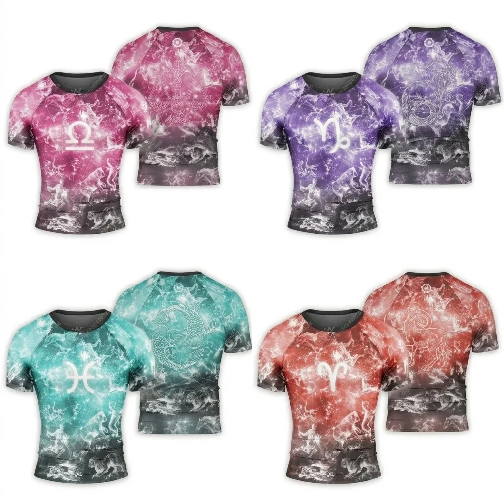 Men 3D Zodiac Constellation Galaxy T-Shirt Astrology Horoscope Star Short Sleeve Fitness Gym Workout Casual Sports Graphic Tees