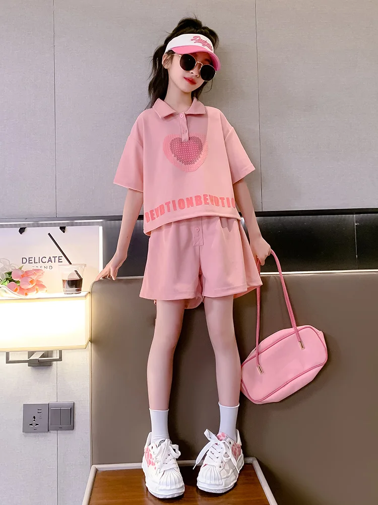 

Girls' summer wear sports suit, new Korean version of foreign style Polo shirt, girls' short-sleeved shorts two-piece set
