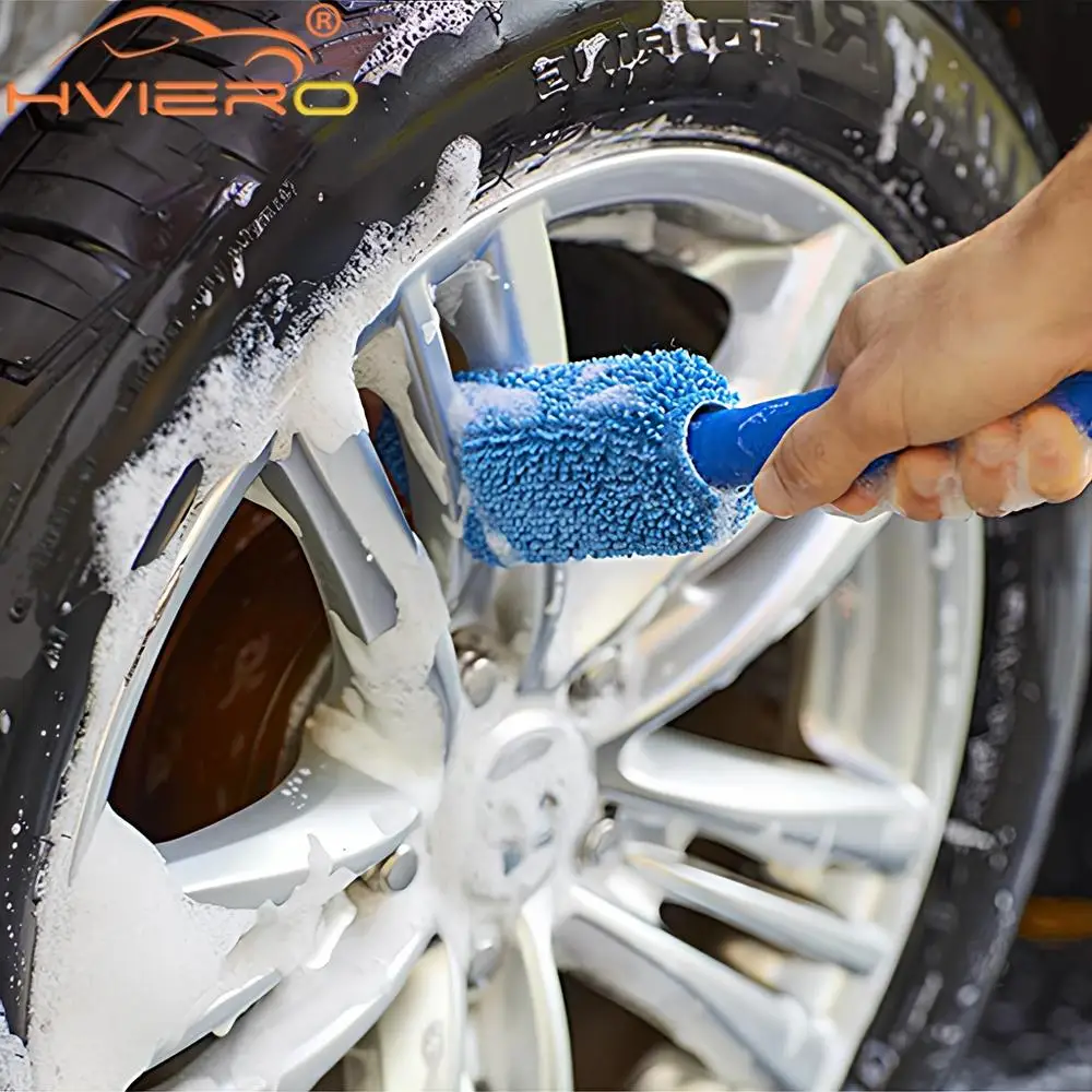 1X Car Wash Portable Microfiber Wheel Tire Rim Brush Cleaning Motorcycles Plastic Handle Auto Cleaner Tools Random Color Brushes