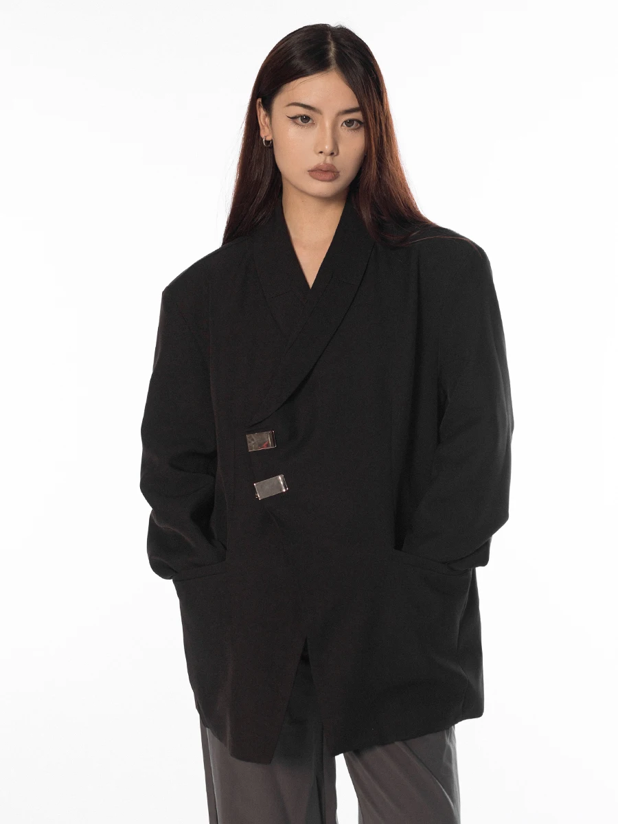Street Style Loose Fit Suit Jacket Metal Clip Casual Design Unique Outline Angle Lapel Long Sleeve Blackbb Women's Coat