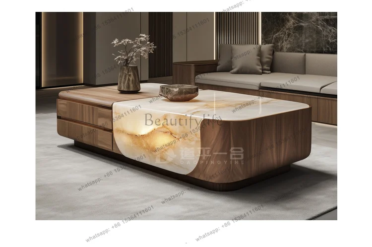 YJ A Natural marble luminous coffee table light luxury high-end large flat floor living room designer coffee table