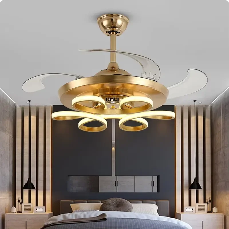 Modern LED Aluminum Fan Chandelier Retractable Invisible Remote Control Ceiling Fan Light for Living Room 3000-6000K Color