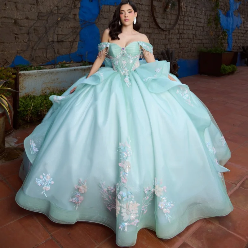 

Cyan Quinceanera Dresses Off the Shoulder Crystal 3D Flower Lace Layering Decal Long tail Bow Vestido e 15 Quinceanera Customize