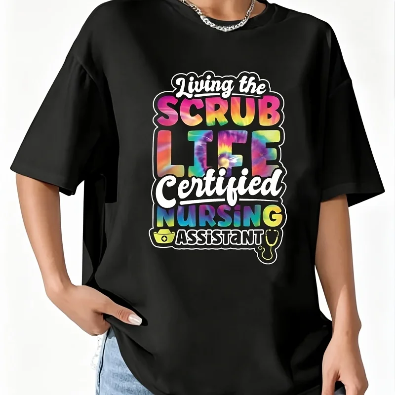 Living the Scrub Life Cna Nursing Assistant Tie Dye Women's T-Shirt 100% Cotton Fun Print Short Sleeve Top Casual Round Neck Tee S-5Xl
