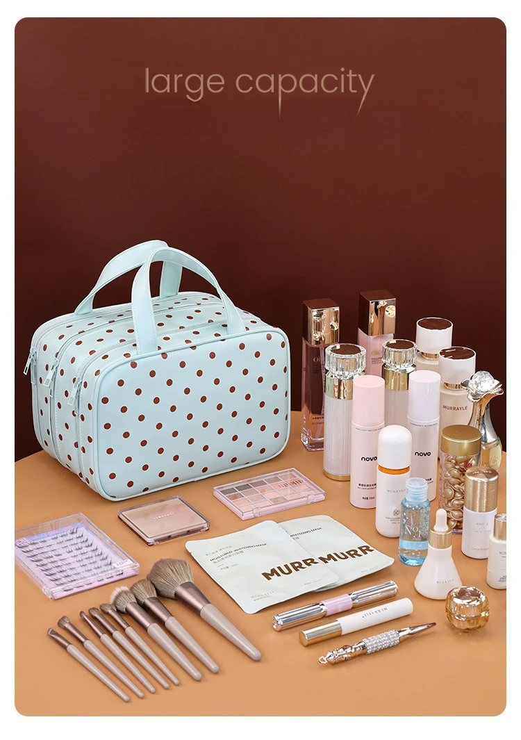 Polka Dot Make-up-Tasche mit großem Fassungsvermögen, tragbarer Reise-Kosmetik-Organizer, wasserdichte Hand-Kulturtasche für Damen – Detail 12
