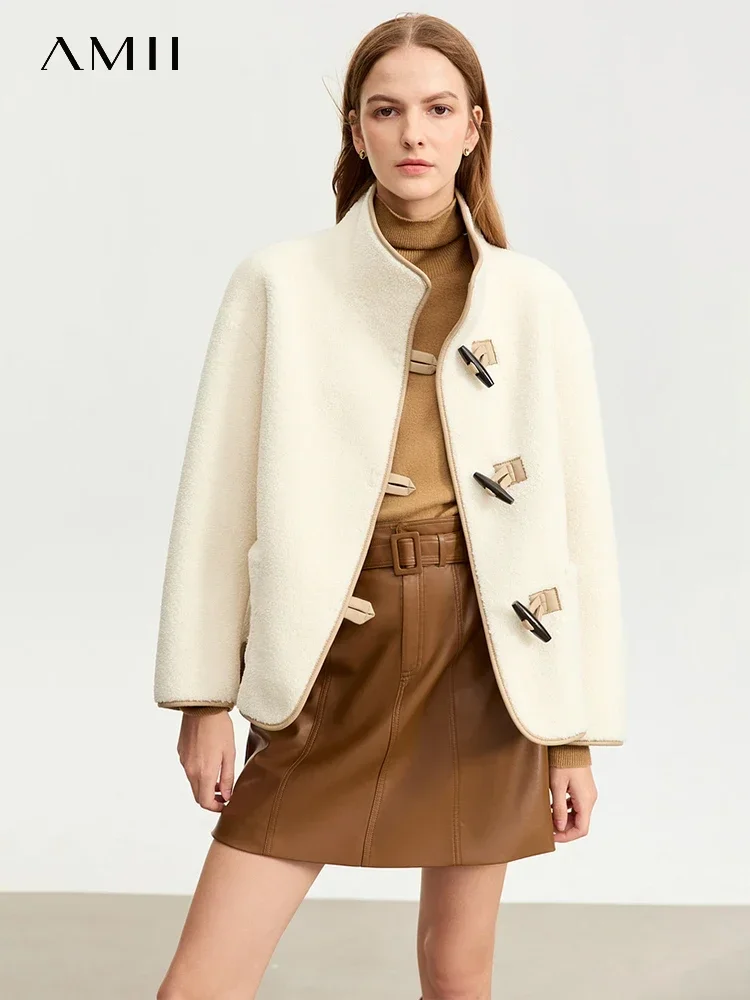 AMII Women's Chinese Style Fur Jacket 2025 Winter Fashion PU Leather Stand Collar Contrast Double Sided Outerwear Tops 12344213