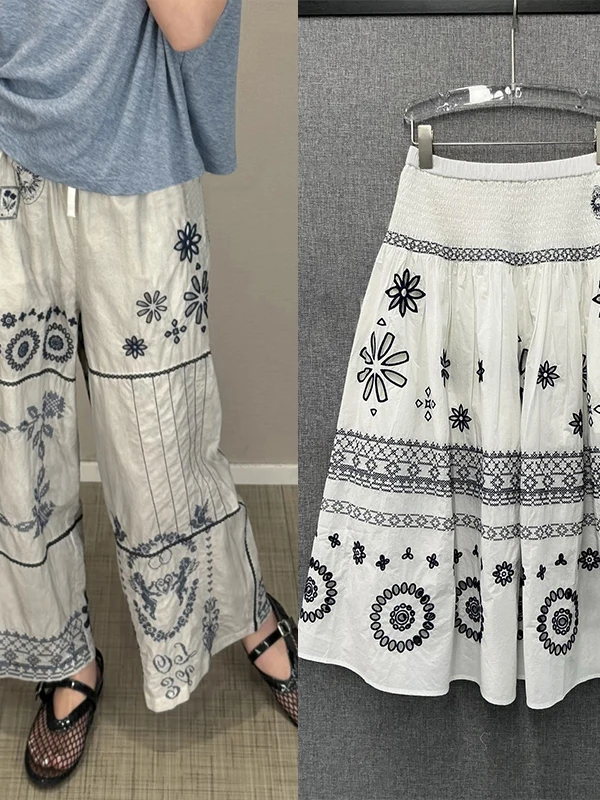 

Artistic Style Embroidered Heavywork Cross Angel Flower Loose Nine-Piece Pants Umbrella Skirt Cotton Casual Trousers for Women